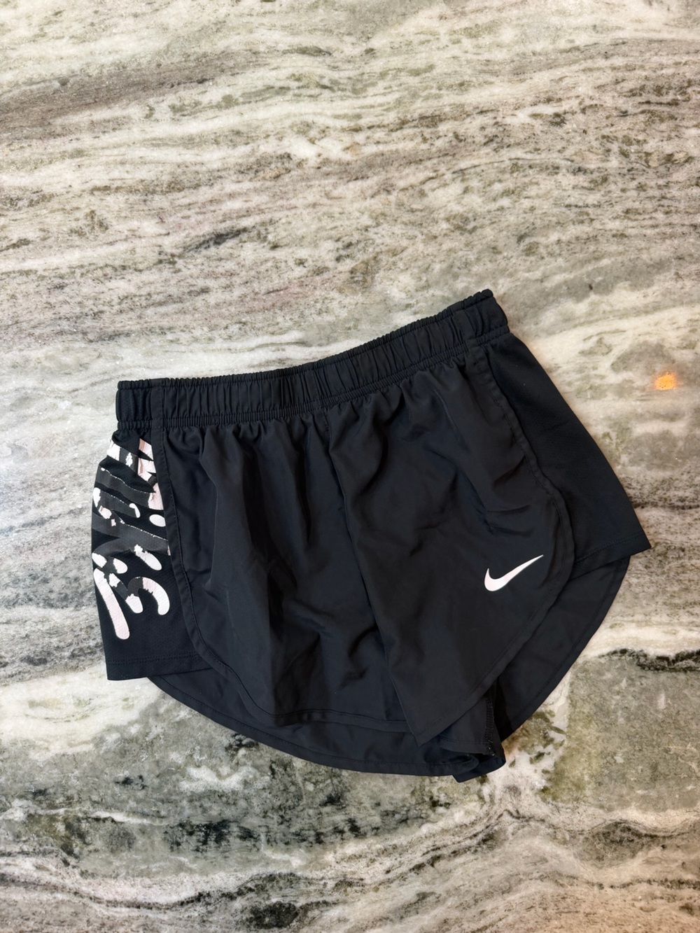 Nike Women's Black Athletic Shorts with White Swoosh and Side Print
